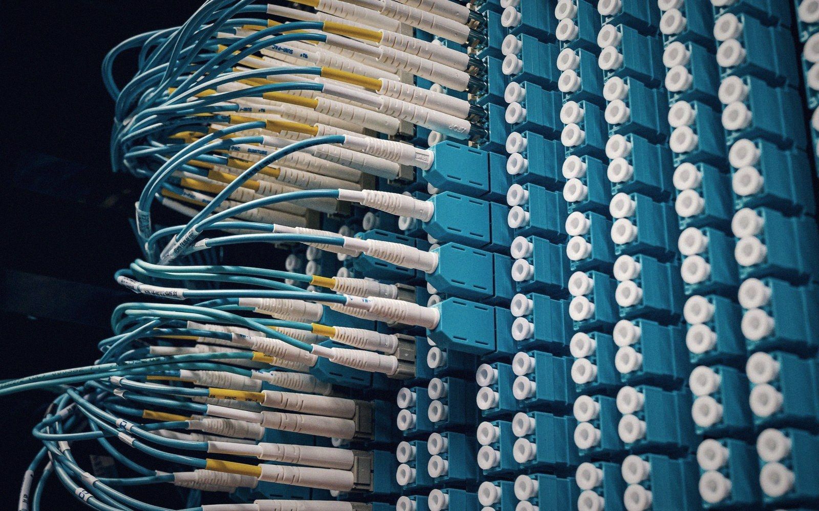 Rows of fiber optic patch cables plugged into blue network switch ports